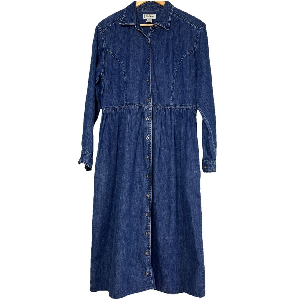 L.L. Bean Women’s 12 Denim‎ Midi Dress Blue Y2K Long Sleeve Button Pockets Farm